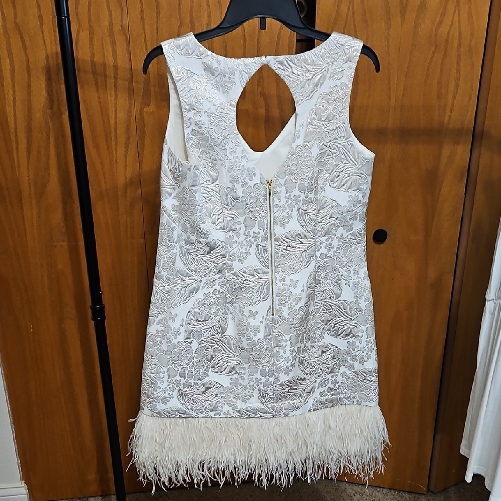Nicole Miller White Dress with Silver Embroidery and Feather Trim - Picture 2 of 2